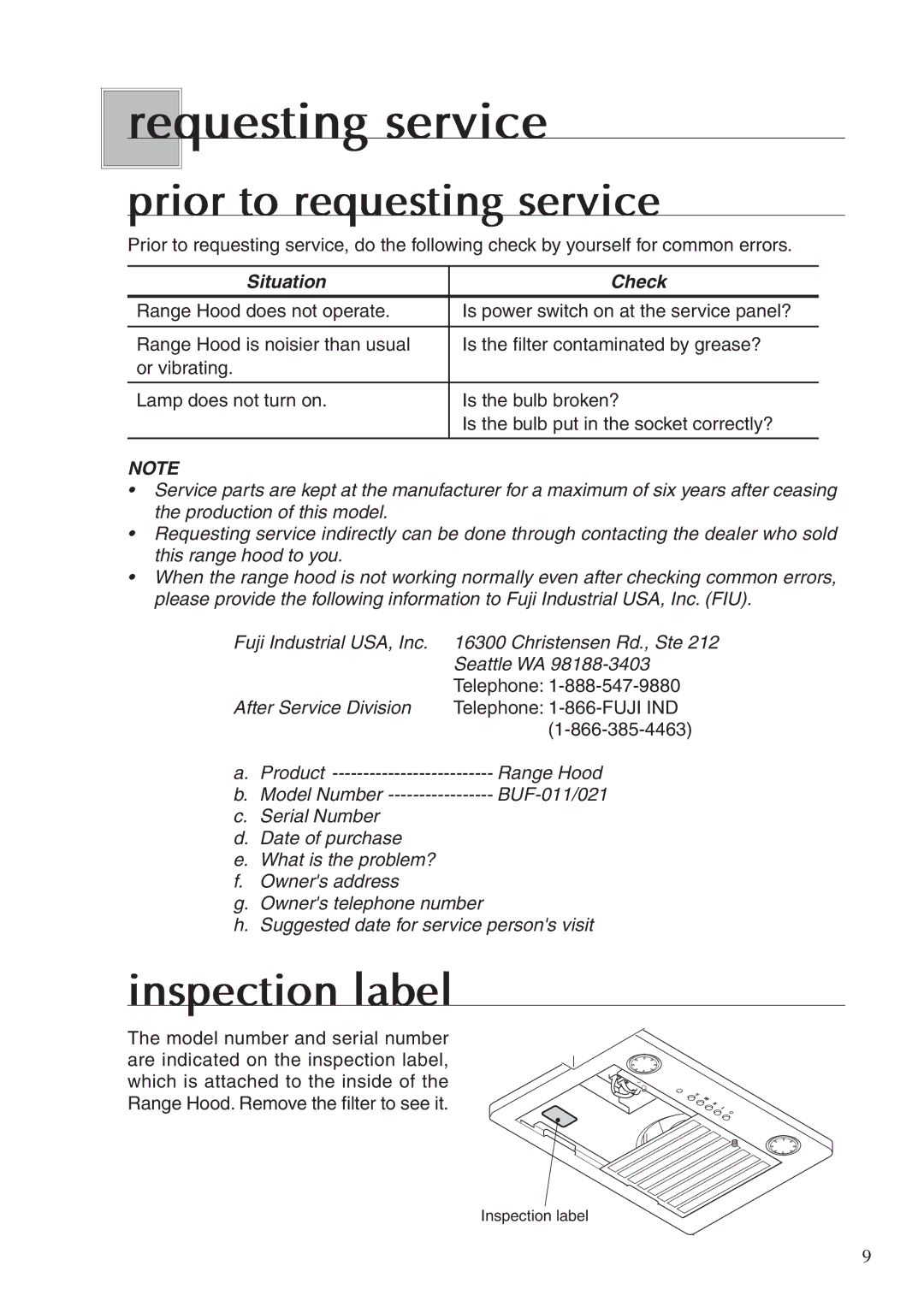 Fujioh BUF-011/021 operation manual Requesting service, Prior to requesting service, Inspection label 