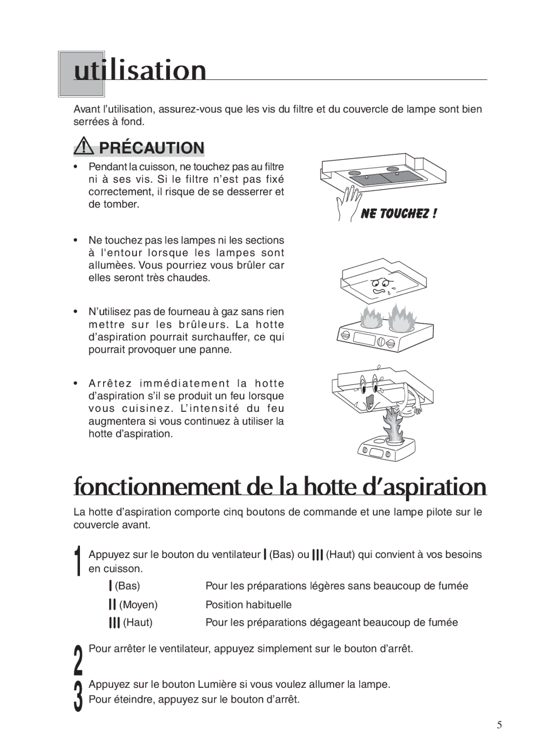 Fujioh BUF-02A, BUF-01A operation manual Utilisation, Fonctionnement de la hotte d’aspiration 