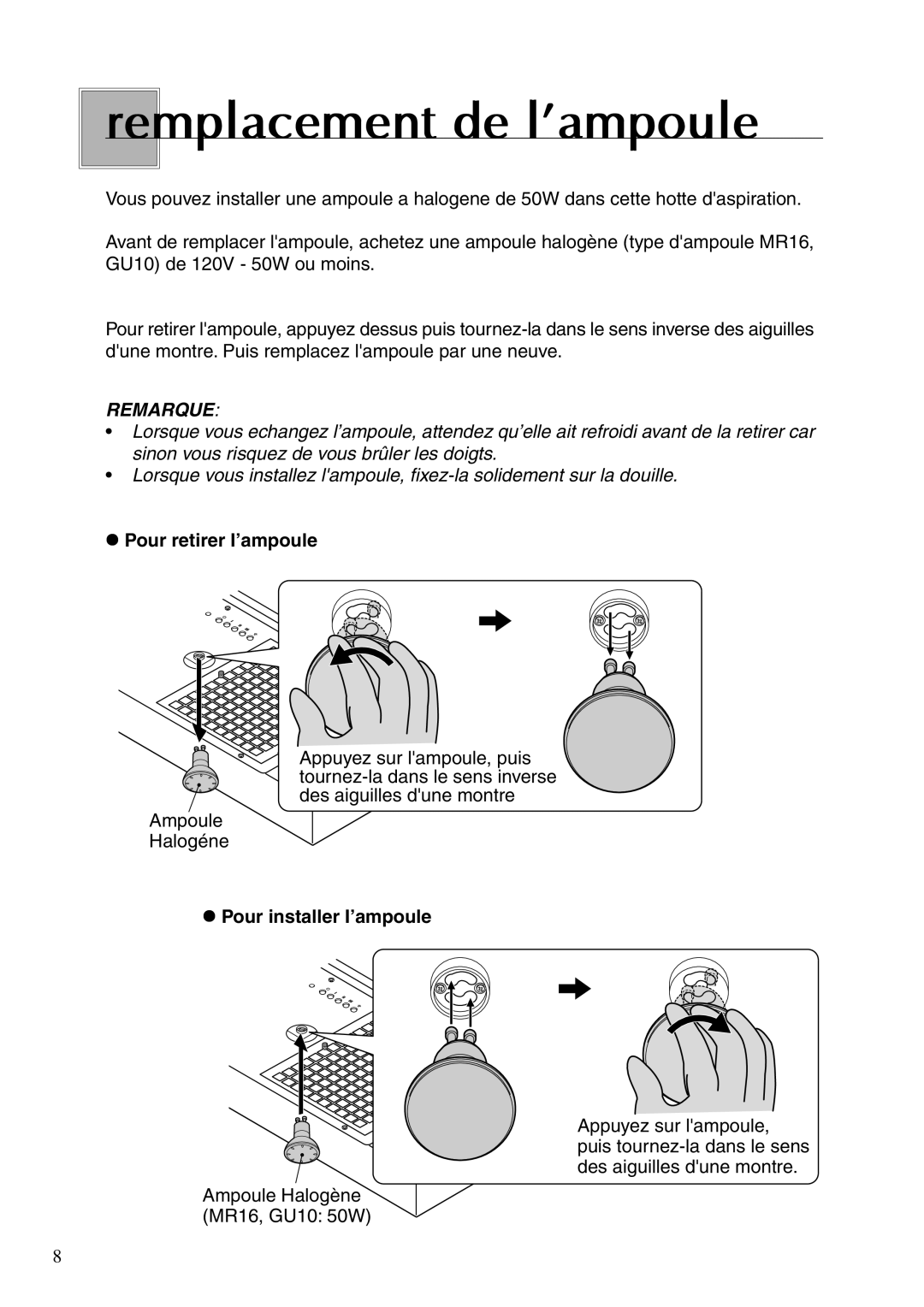 Fujioh BUF-01A, BUF-02A operation manual Remplacement de l’ampoule, Remarque 