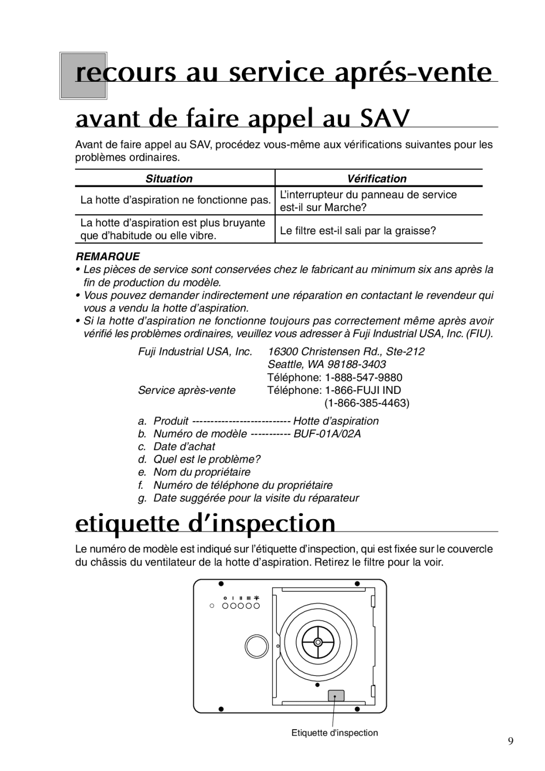 Fujioh BUF-02A, BUF-01A operation manual Recours au service aprés-vente, Avant de faire appel au SAV, Etiquette d’inspection 