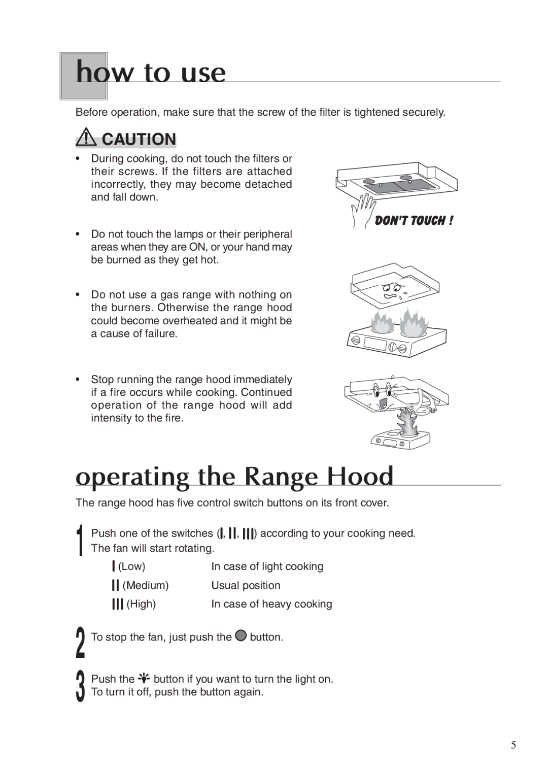 Fujioh BUF-02A, BUF-01A operation manual How to use, Operating the Range Hood 
