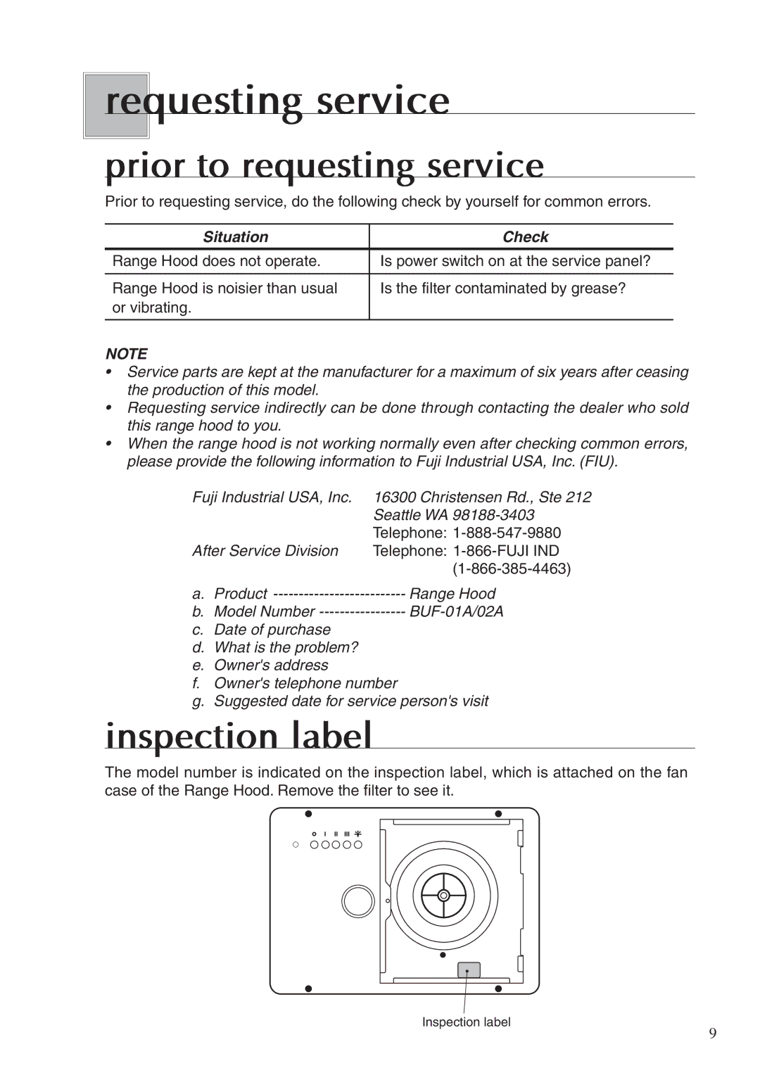 Fujioh BUF-02A, BUF-01A operation manual Requesting service, Prior to requesting service, Inspection label 