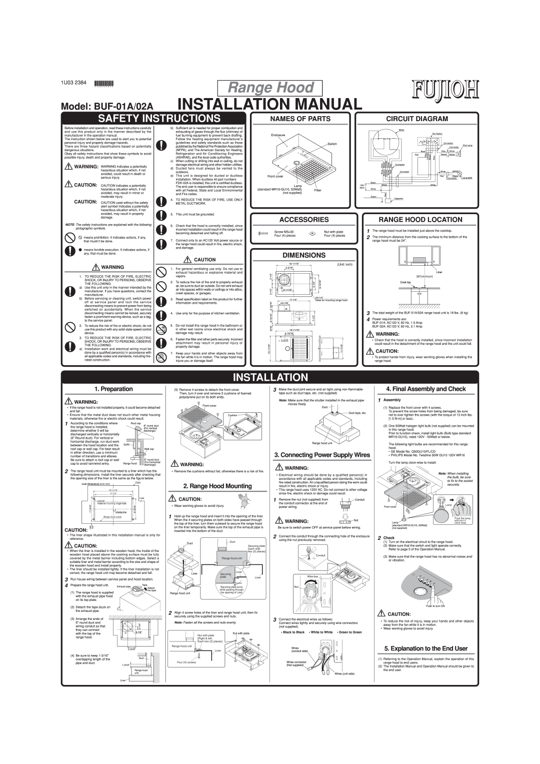 Fujioh installation manual Installation Manual, Range Hood, Safety Instructions, Model BUF-01A/02A, Names Of Parts 