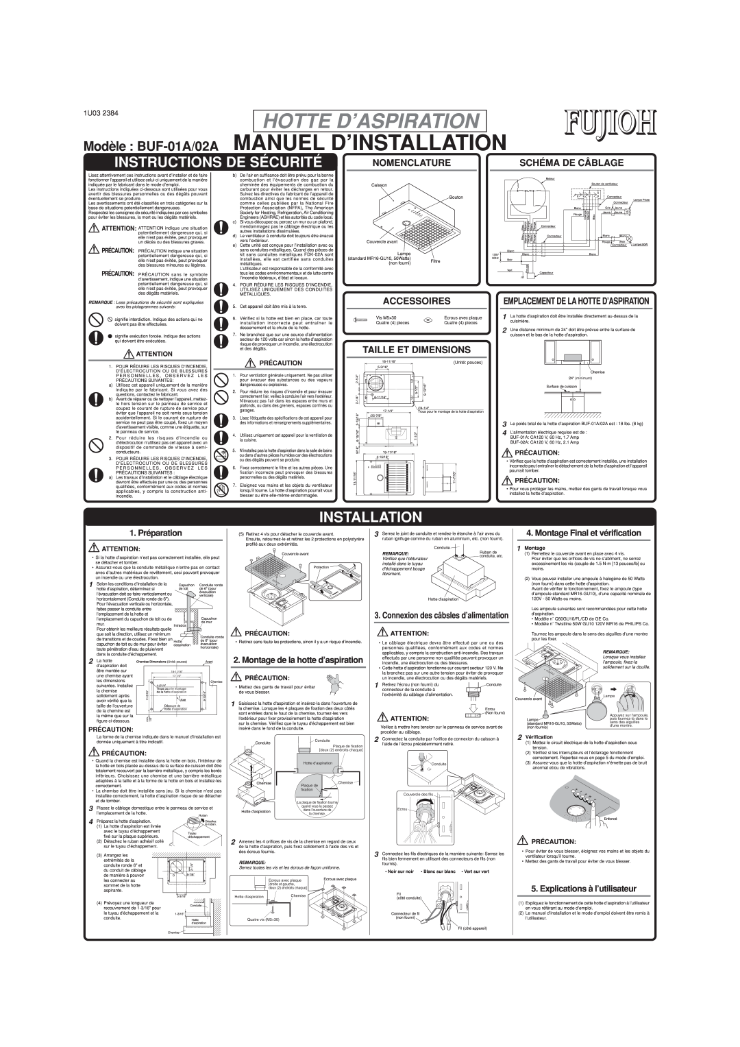 Fujioh Manuel D’Installation, Hotte D’Aspiration, Instructions De Sécurité, Modèle BUF-01A/02A, Nomenclature, Montage 