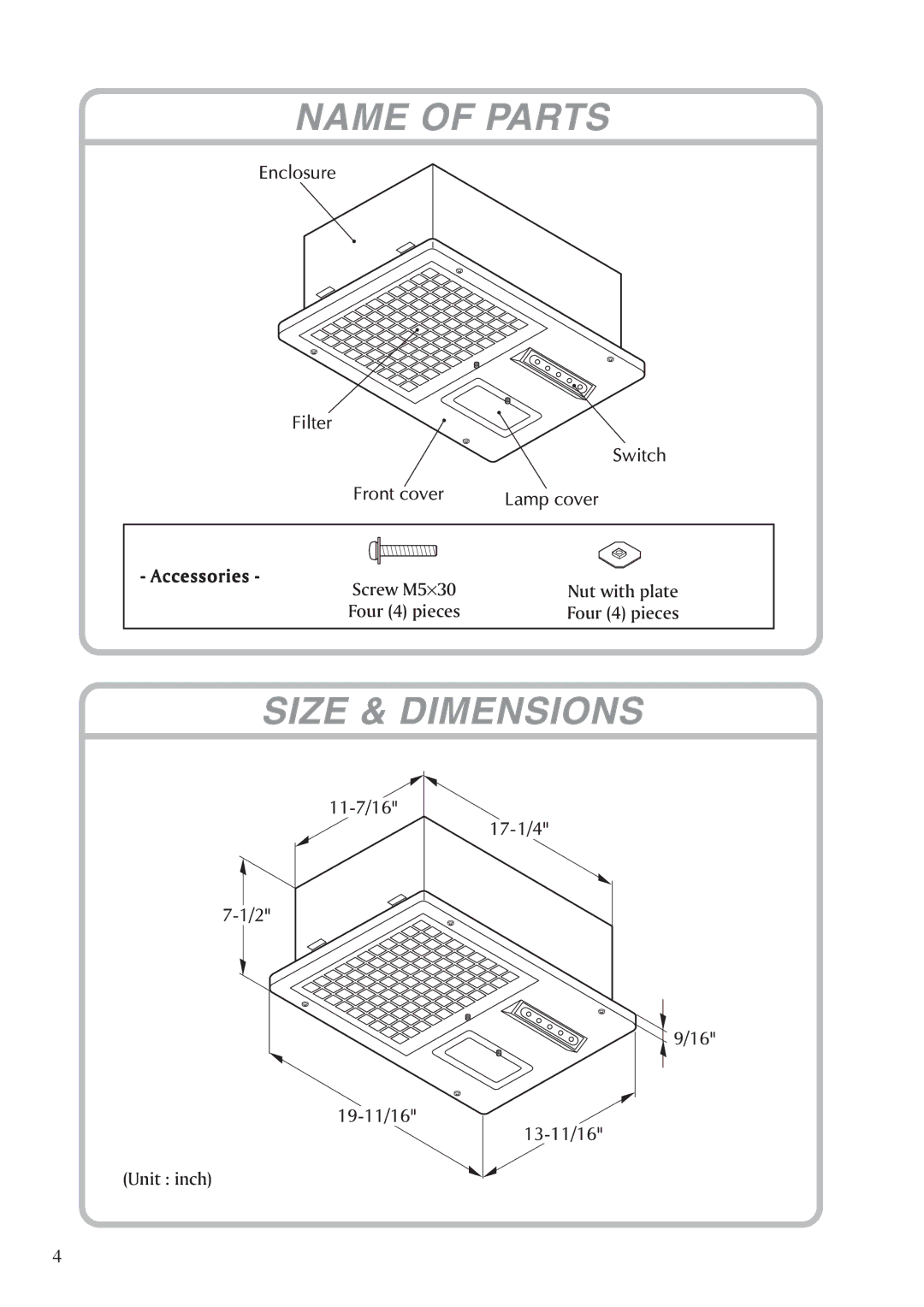 Fujioh BUF-02, BUF-01 installation manual Name of Parts, Size & Dimensions 