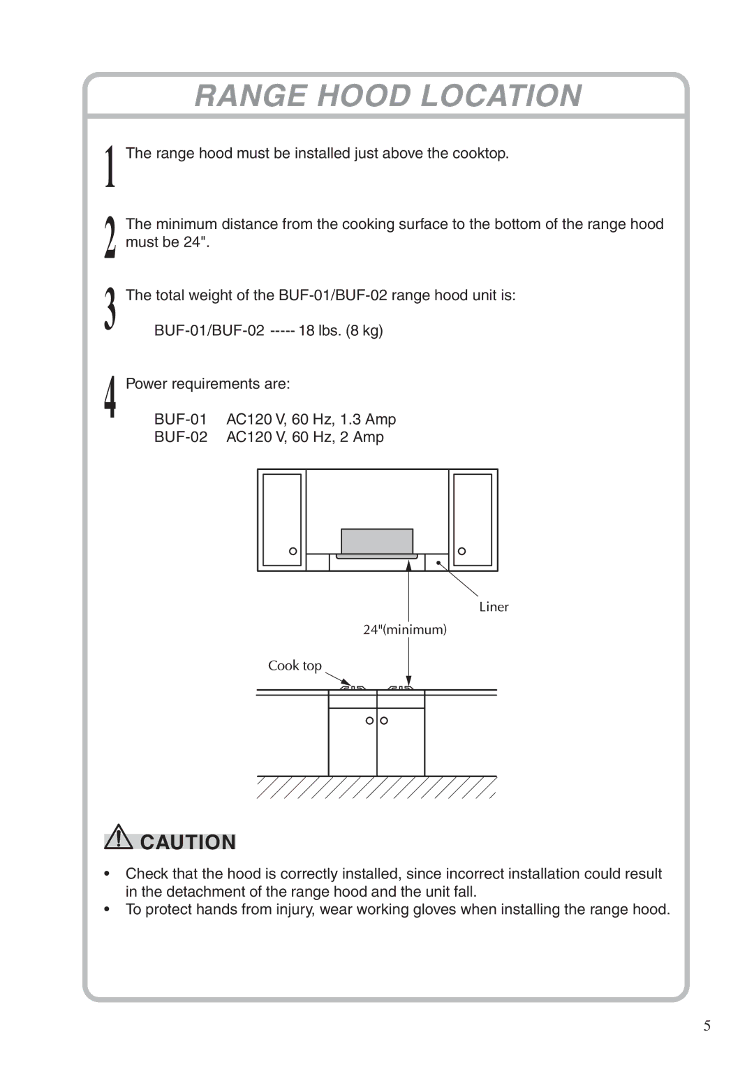 Fujioh BUF-01, BUF-02 installation manual Range Hood Location 