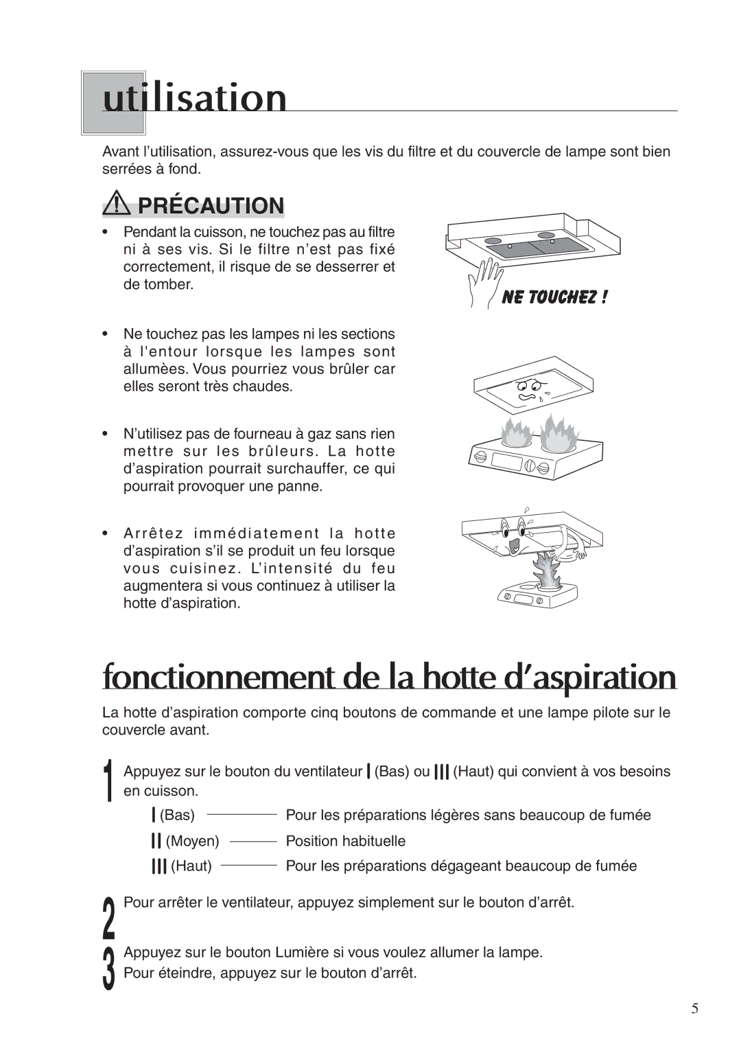 Fujioh BUF-03A operation manual Utilisation, Fonctionnement de la hotte d’aspiration 