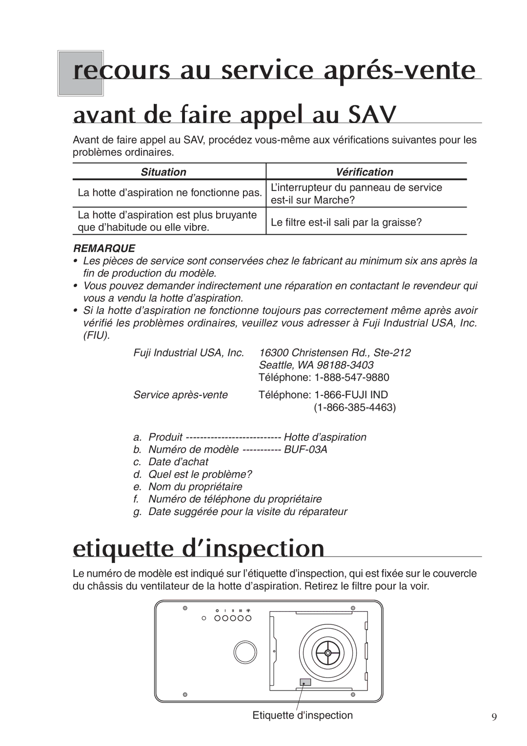 Fujioh BUF-03A operation manual Recours au service aprés-vente, Avant de faire appel au SAV, Etiquette d’inspection 