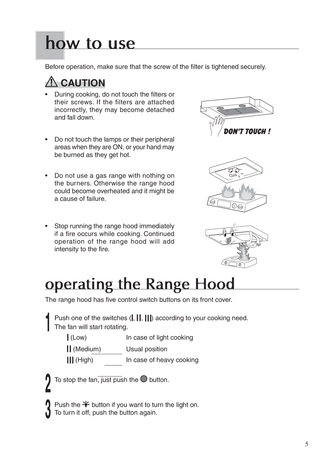 Fujioh BUF-03A operation manual How to use, Operating the Range Hood 