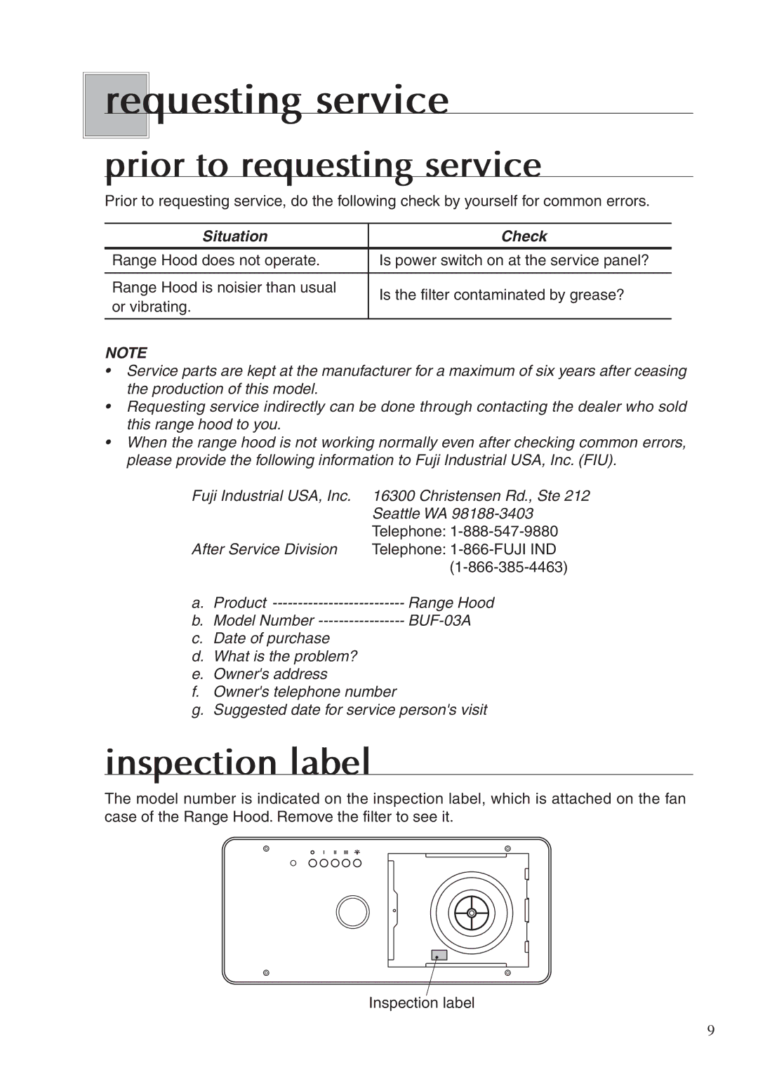 Fujioh BUF-03A operation manual Requesting service, Prior to requesting service, Inspection label 