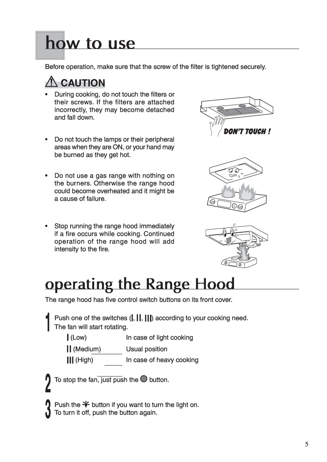 Fujioh BUF-03A operation manual how to use, operating the Range Hood 