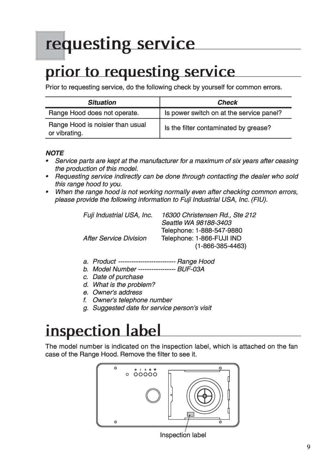 Fujioh BUF-03A operation manual prior to requesting service, inspection label, Situation, Check 
