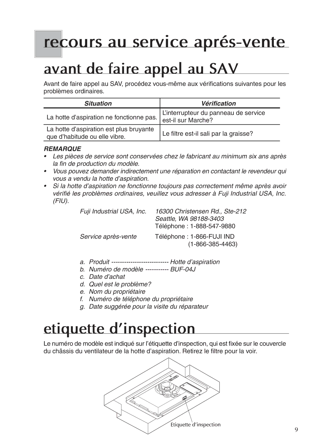 Fujioh BUF-04J operation manual Recours au service aprés-vente, Avant de faire appel au SAV, Etiquette d’inspection 