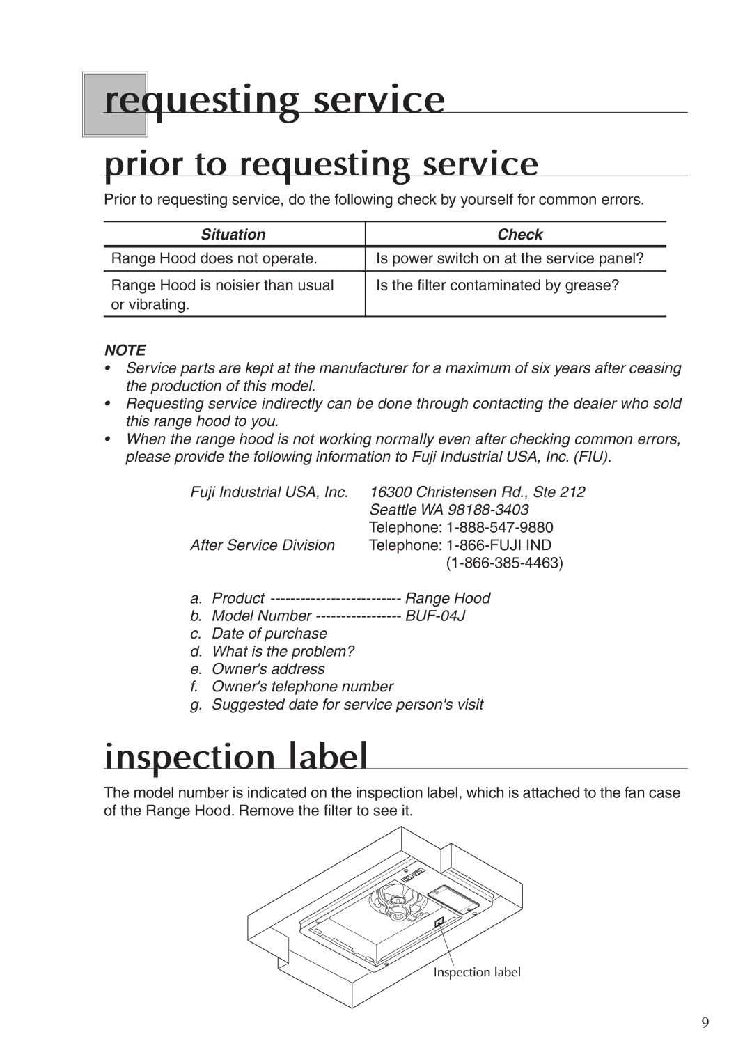 Fujioh BUF-04J operation manual Requesting service, Prior to requesting service, Inspection label 