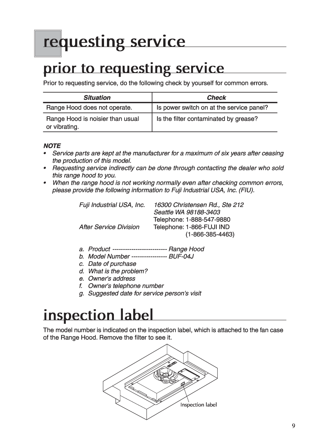 Fujioh BUF-04J operation manual requestingservice, prior to requesting service, inspection label, Situation, Check 