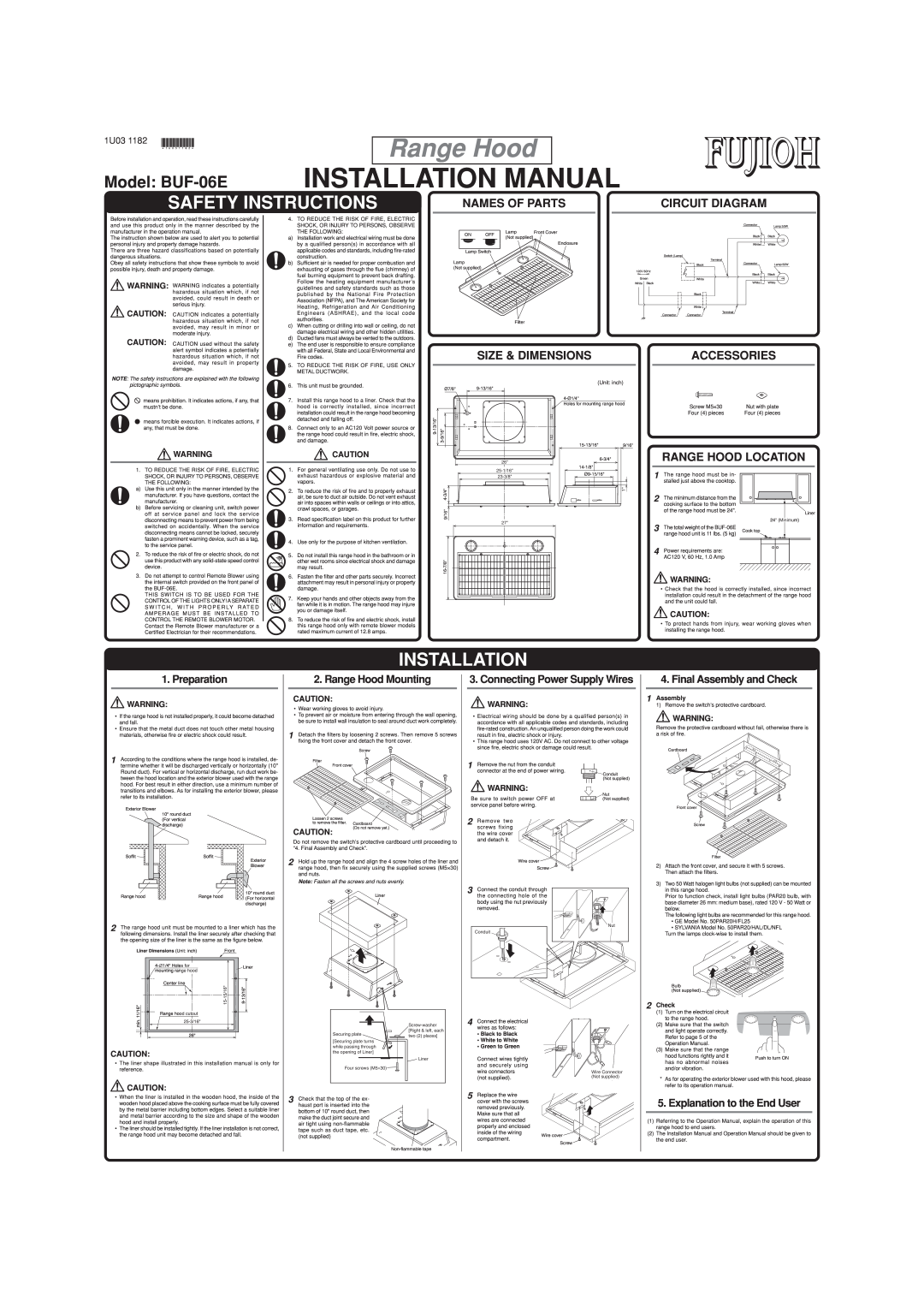 Fujioh installation manual Installation Manual, Range Hood, Safety Instructions, Model BUF-06E, Names Of Parts, 1U03 