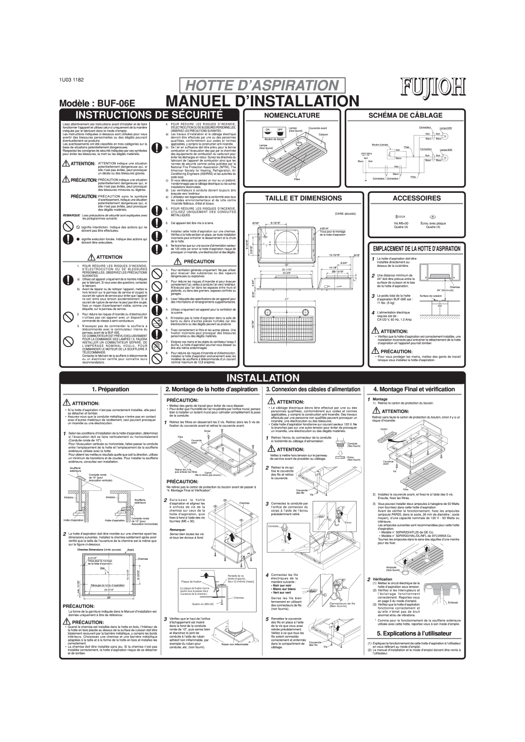 Fujioh Manuel D’Installation, Hotte D’Aspiration, Instructions De Sécurité, Modèle BUF-06E, Nomenclature, Accessoires 