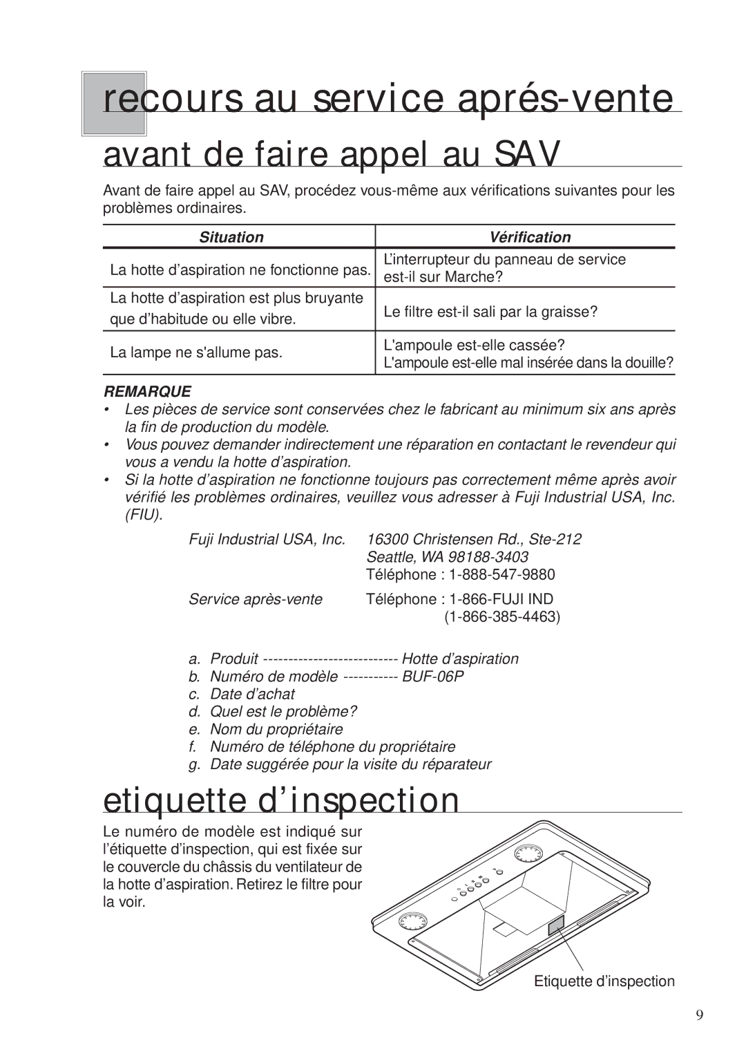 Fujioh BUF-06P operation manual Recours au service aprés-vente, Avant de faire appel au SAV, Etiquette d’inspection 