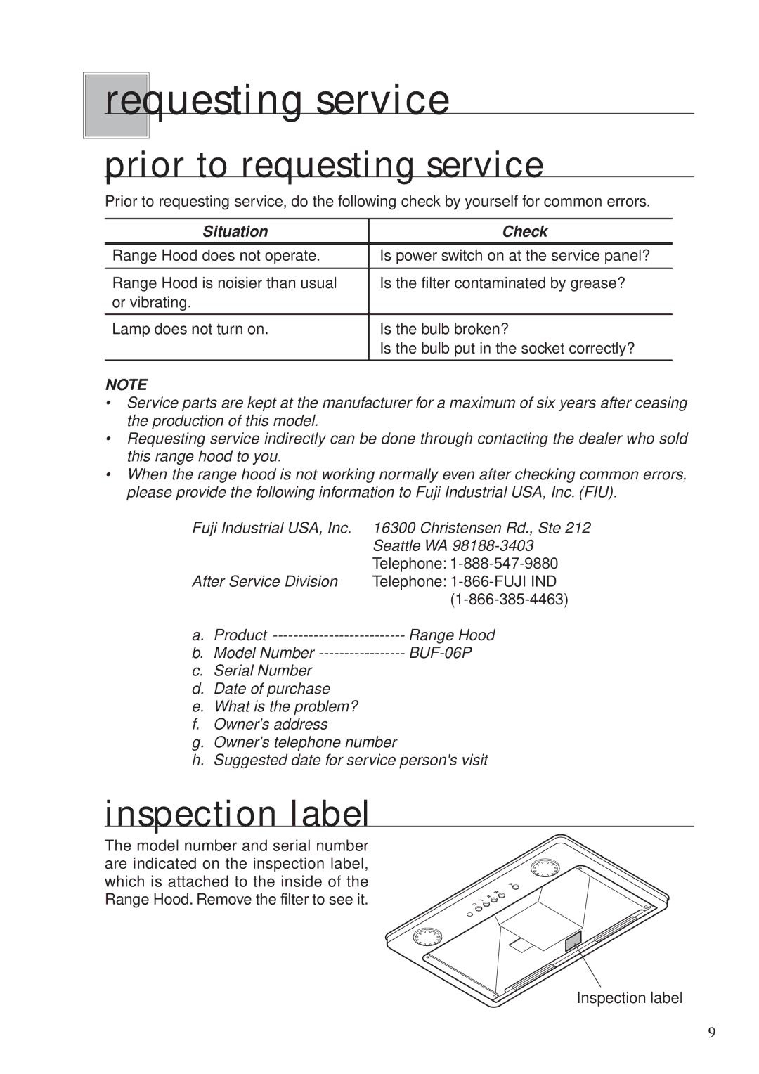 Fujioh BUF-06P operation manual Requesting service, Prior to requesting service, Inspection label 