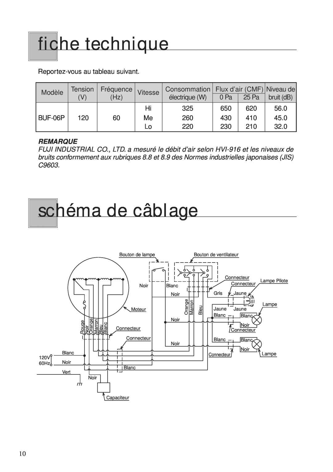 Fujioh BUF-06P operation manual fiche technique, schéma de câblage, Remarque, électrique W 