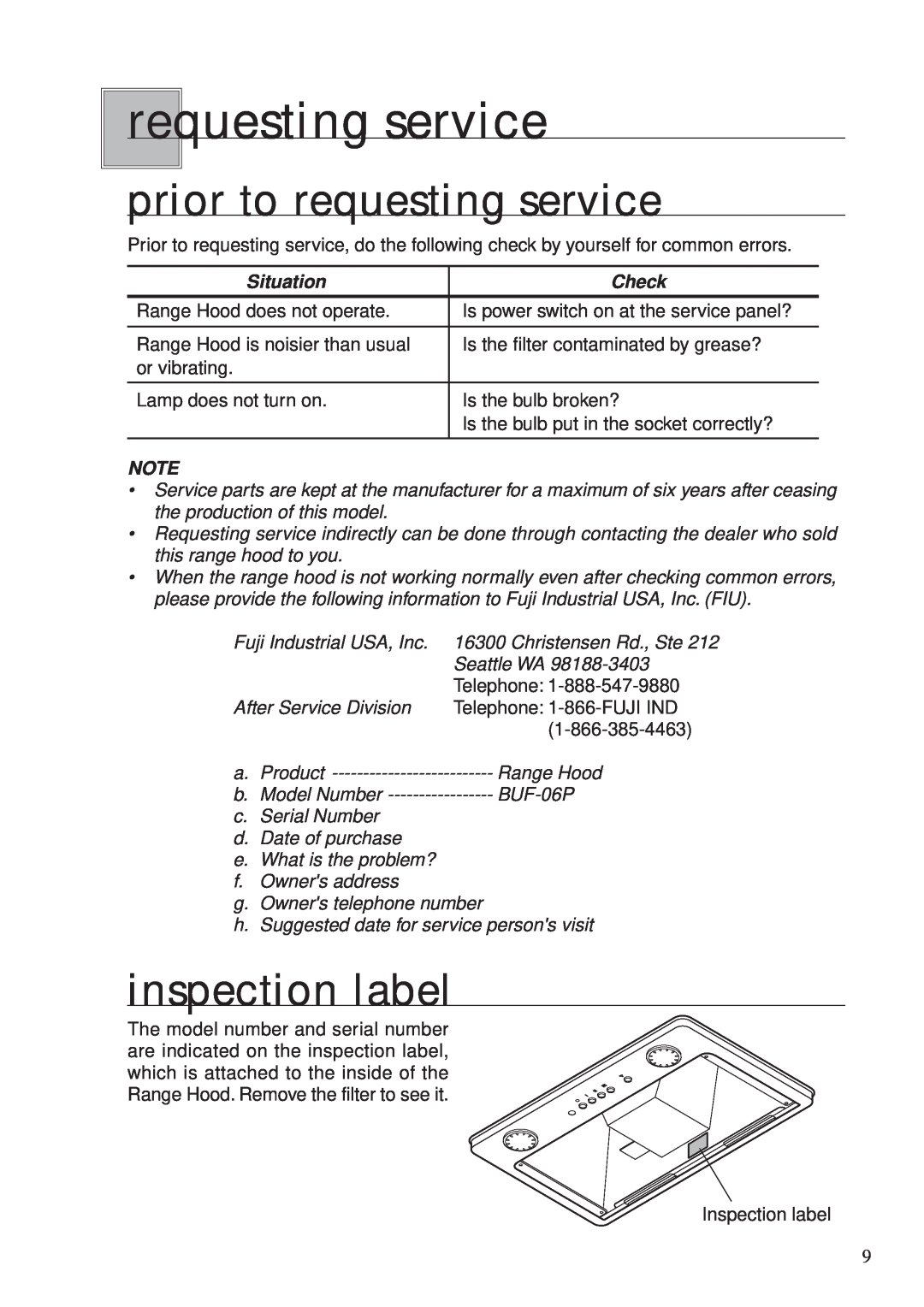 Fujioh BUF-06P operation manual prior to requesting service, inspection label, Situation, Check 