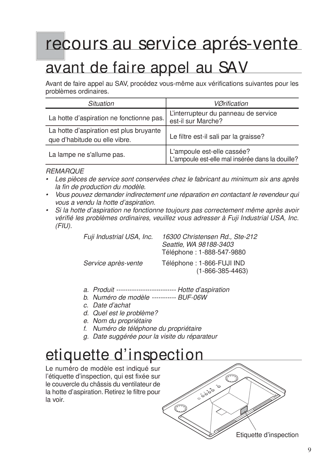 Fujioh BUF-06W operation manual Recours au service aprés-vente, Avant de faire appel au SAV, Etiquette d’inspection 