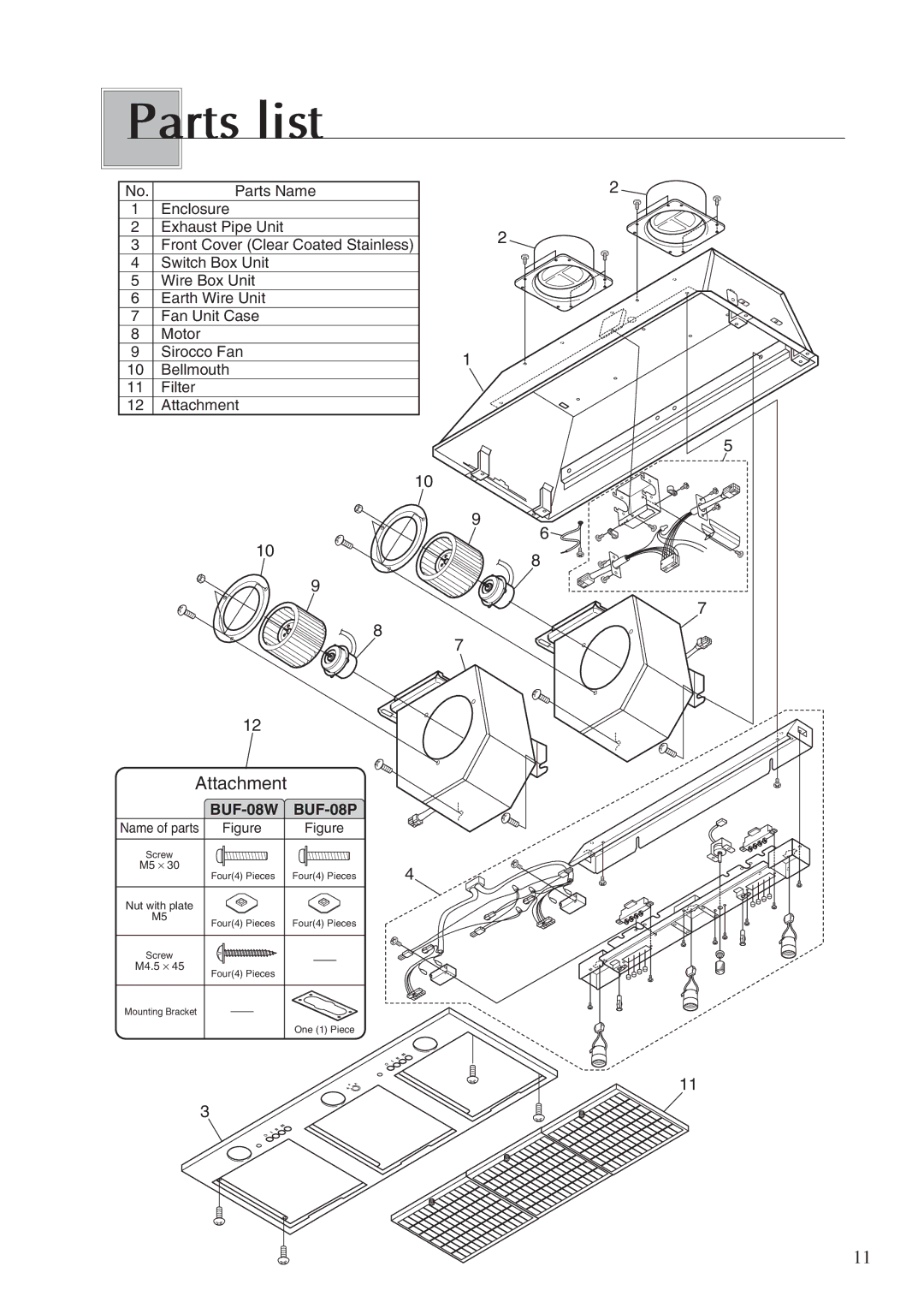 Fujioh BUF-08W, BUF-08P operation manual Parts list, Attachment 