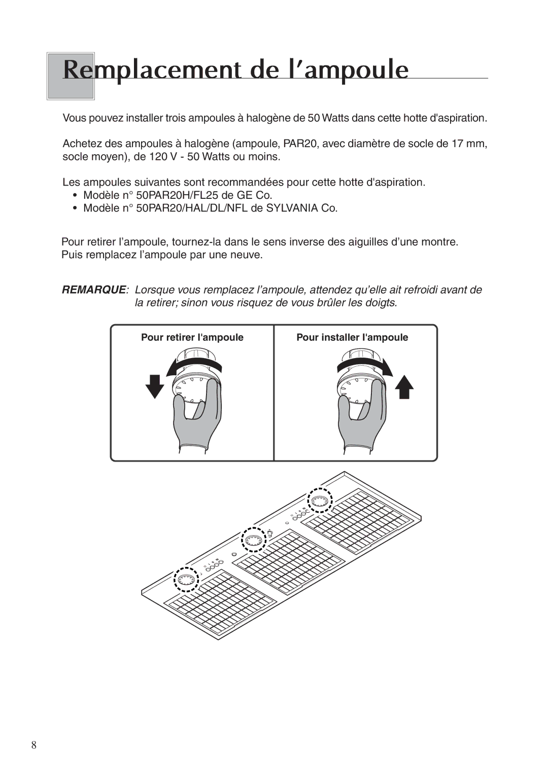 Fujioh BUF-08P, BUF-08W operation manual Remplacement de l’ampoule 