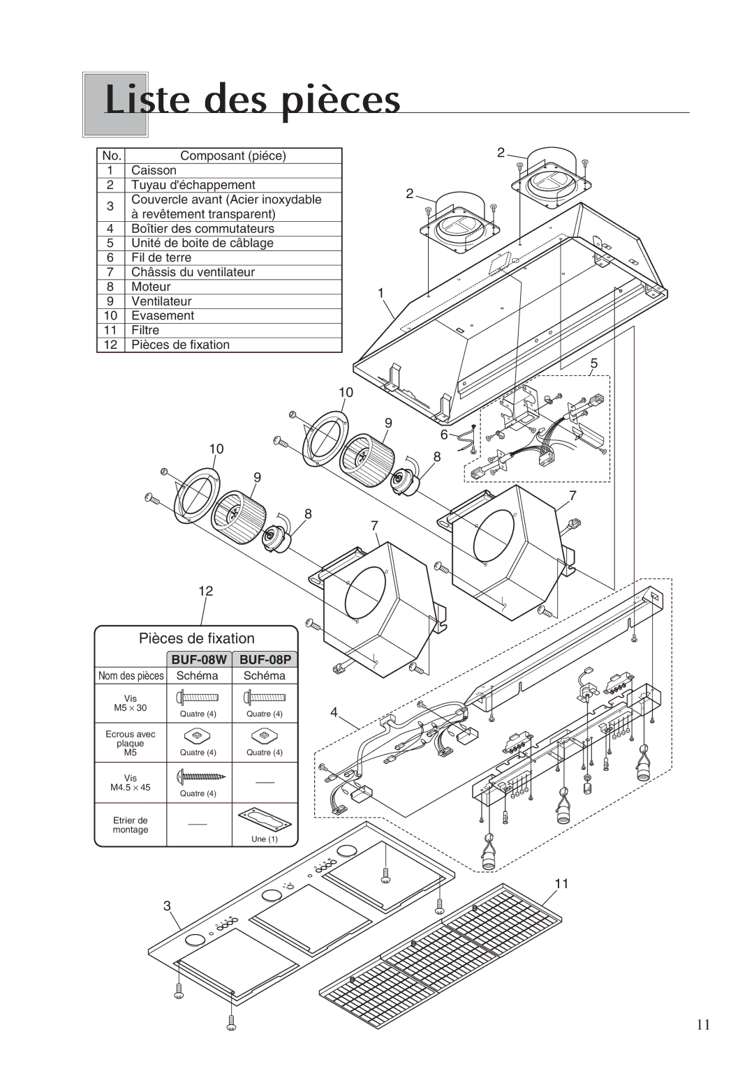 Fujioh BUF-08W, BUF-08P operation manual Liste des pièces, Pièces de fixation 