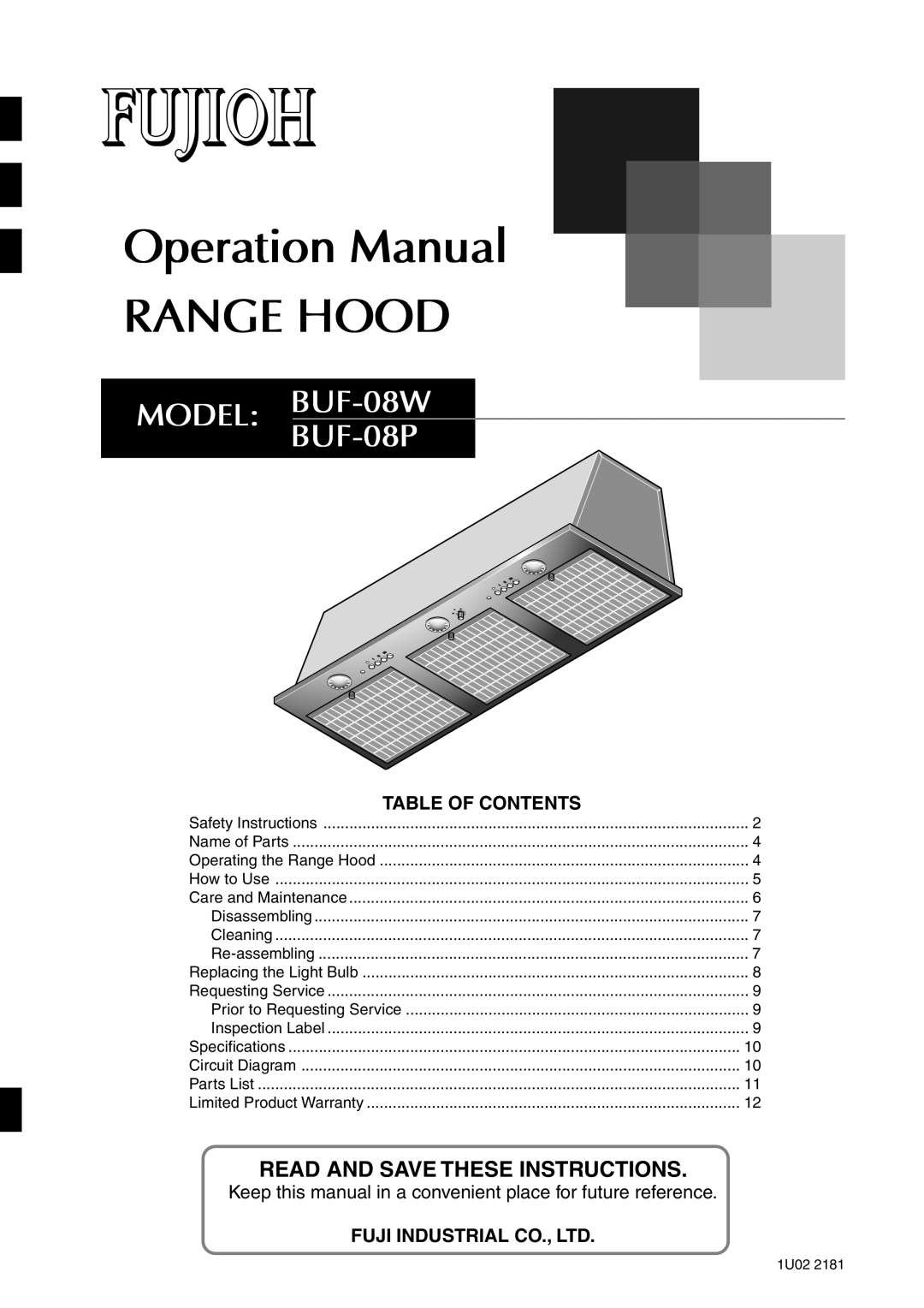 Fujioh operation manual MODEL: BUF-08W BUF-08P, Read And Save These Instructions, Table Of Contents 