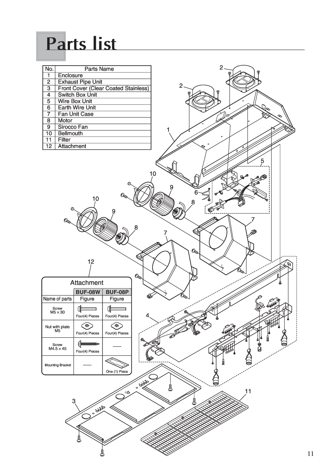 Fujioh operation manual Parts list, 9 8, BUF-08W BUF-08P 