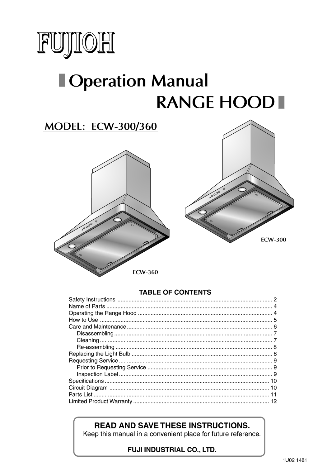 Fujioh ECW-300, ECW-360 operation manual Range Hood 