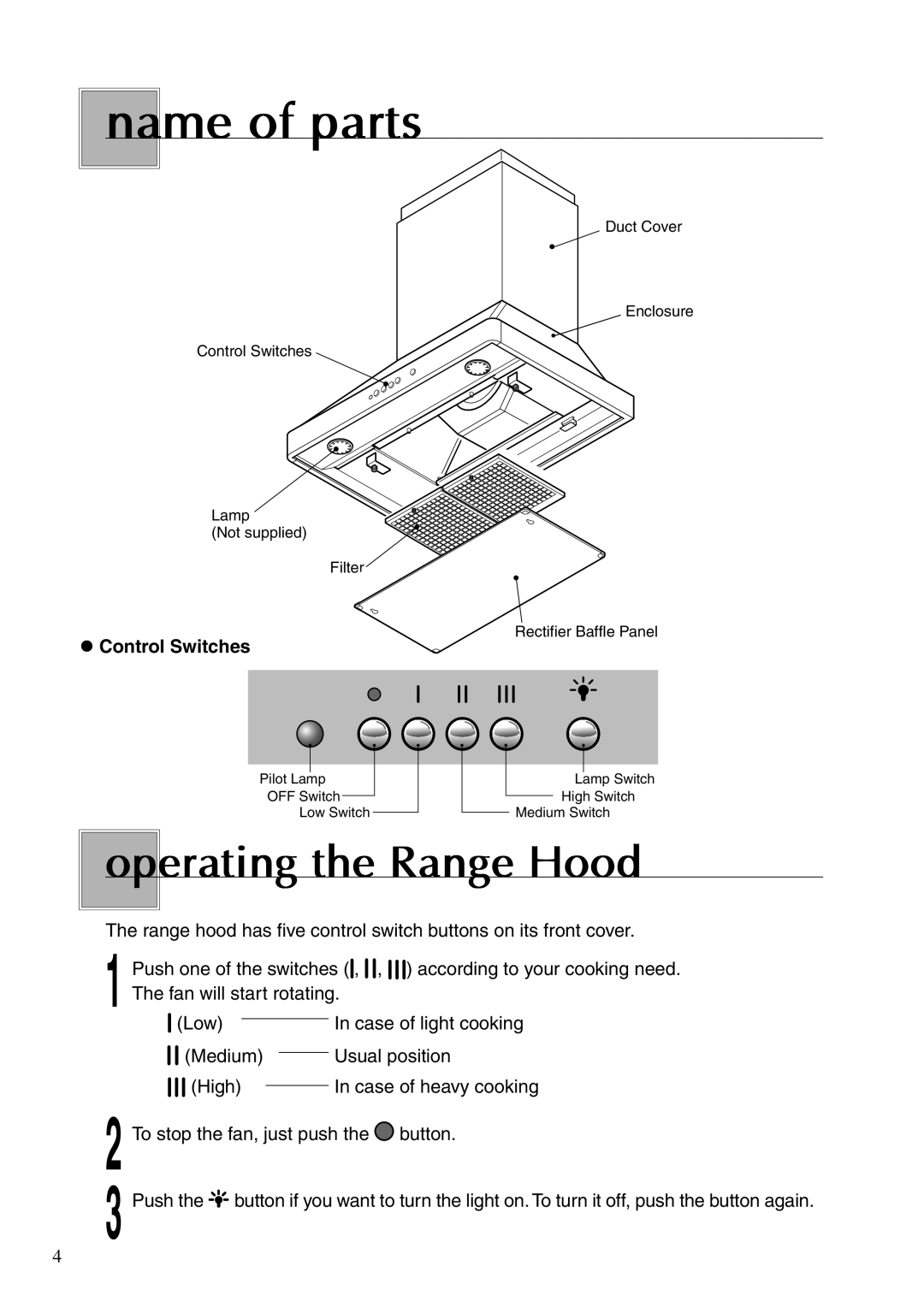 Fujioh ECW-360, ECW-300 operation manual Name of parts, Operating the Range Hood, Control Switches 