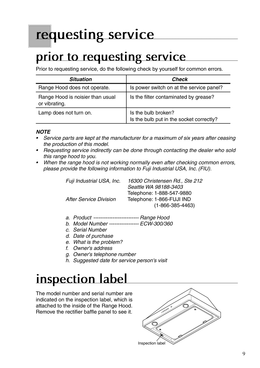 Fujioh ECW-300, ECW-360 operation manual Requesting service, Prior to requesting service, Inspection label 