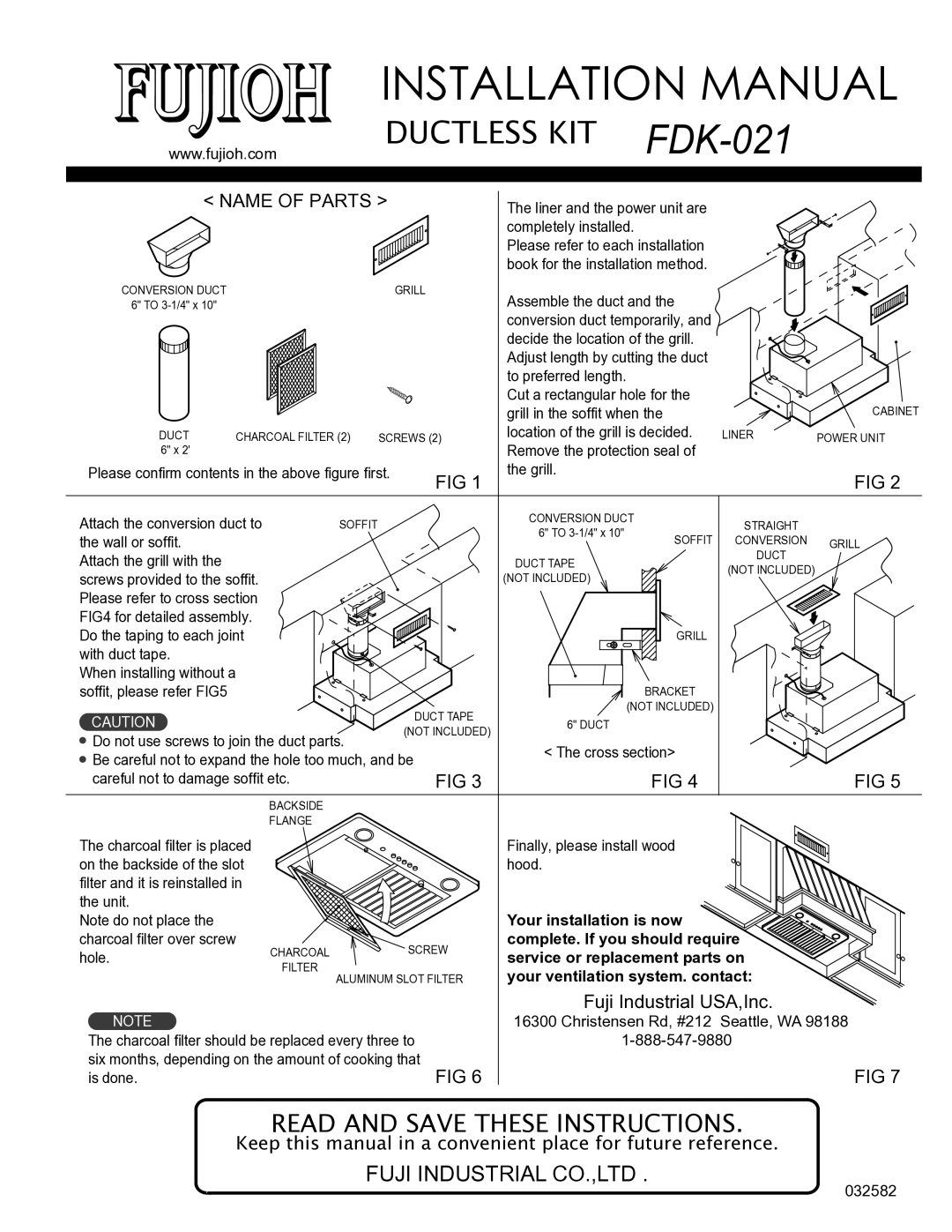 Fujioh FDK-021 installation manual Installation Manual, Name of Parts, Fuji Industrial USA,Inc 