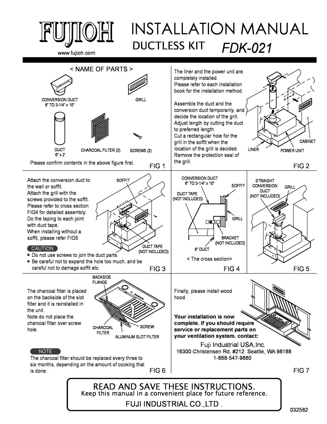 Fujioh FDK-021 installation manual Installation Manual, Ductless Kit, Read And Save These Instructions, Name Of Parts 