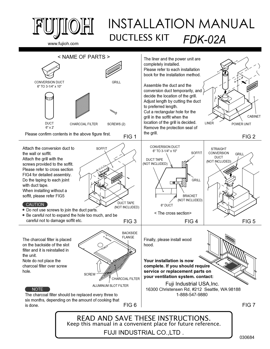 Fujioh FDK-02A installation manual Installation Manual, Name of Parts, Fuji Industrial USA,Inc 