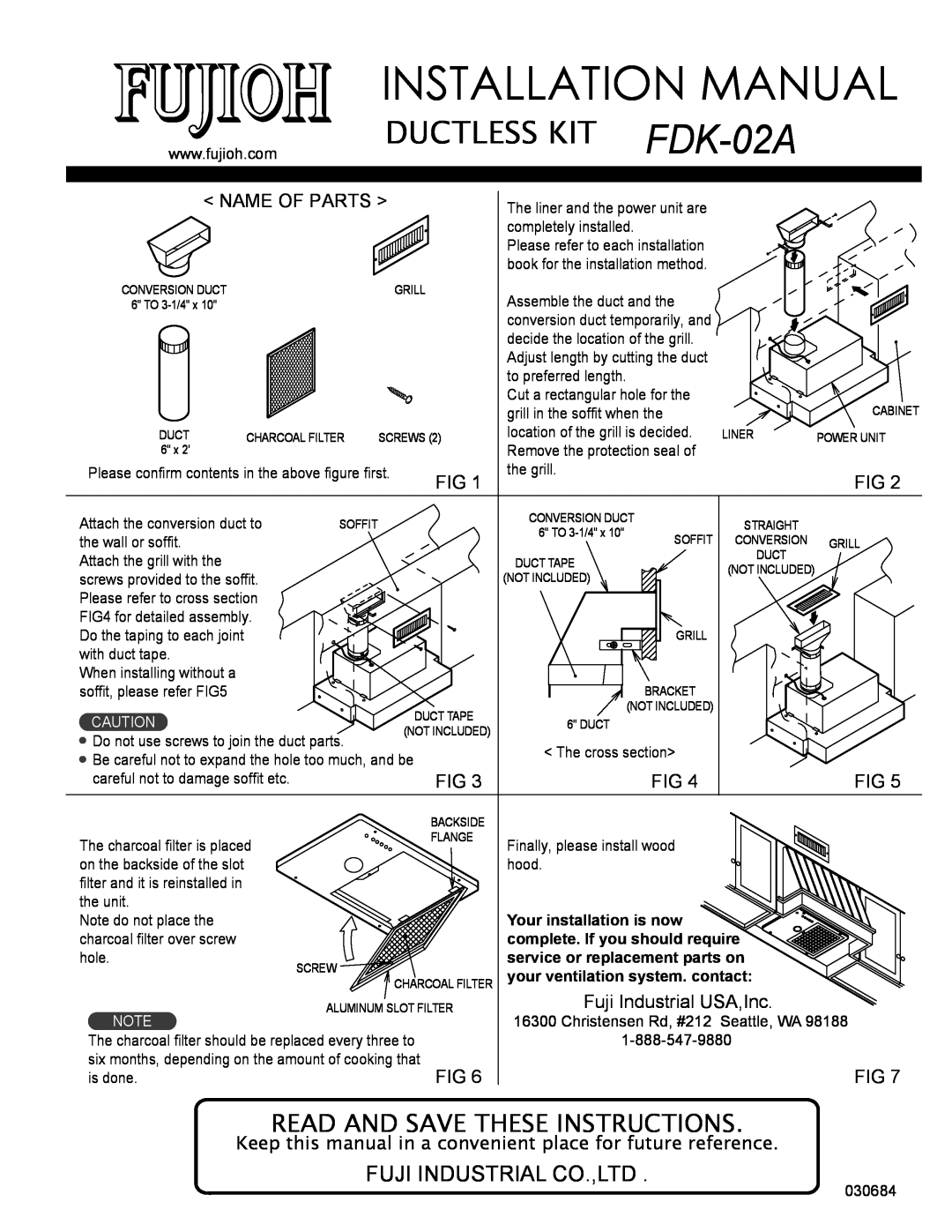 Fujioh FDK-02A installation manual Installation Manual, Ductless Kit, Name Of Parts, Fuji Industrial USA,Inc 