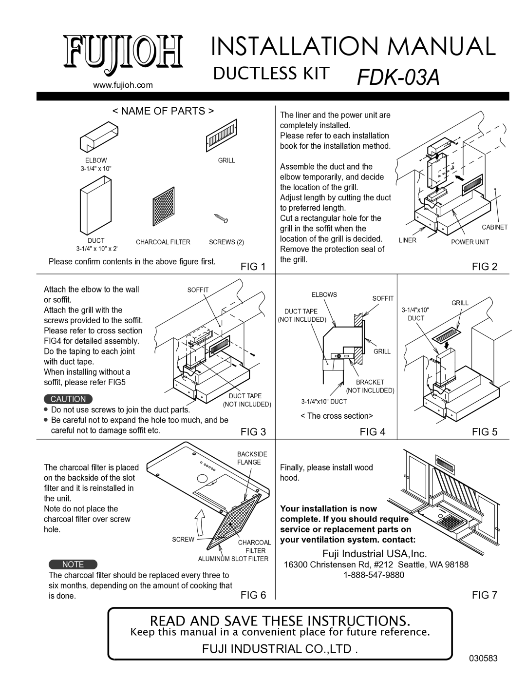 Fujioh FDK-03A installation manual Installation Manual, Name of Parts, Fuji Industrial USA,Inc 