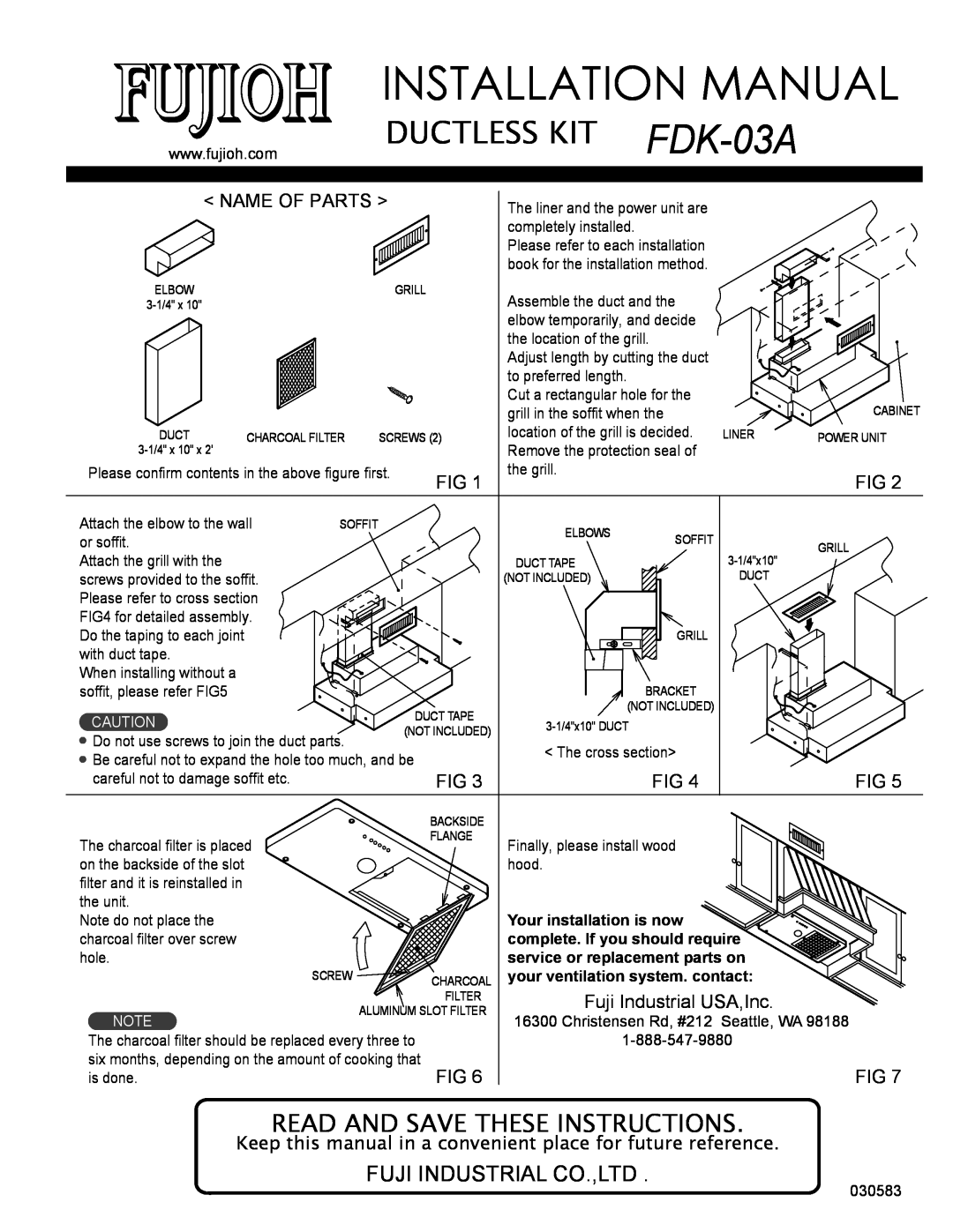 Fujioh FDK-03A installation manual Installation Manual, Ductless Kit, Name Of Parts, Fuji Industrial USA,Inc 