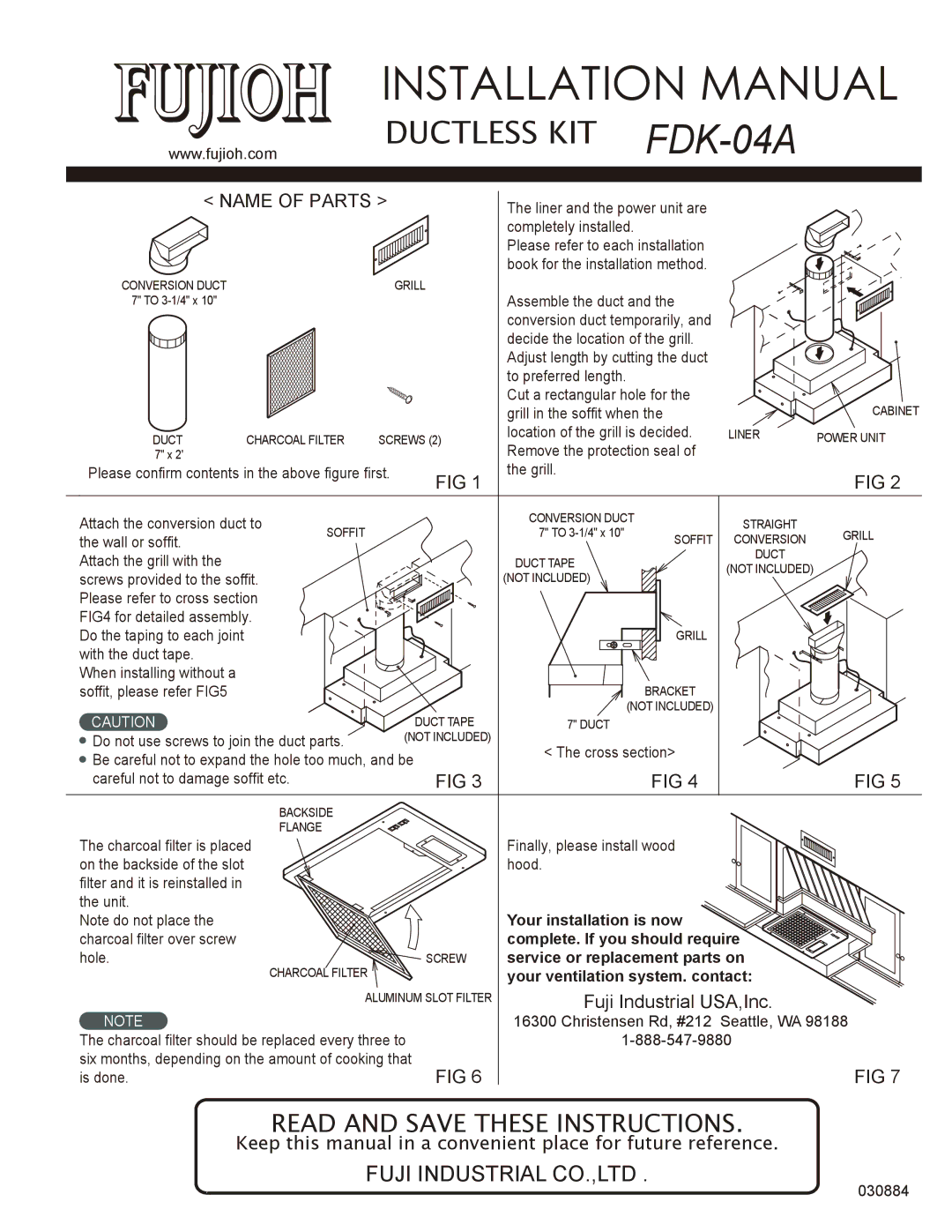 Fujioh FDK-04A installation manual Installation Manual, Name of Parts, Fuji Industrial USA,Inc 