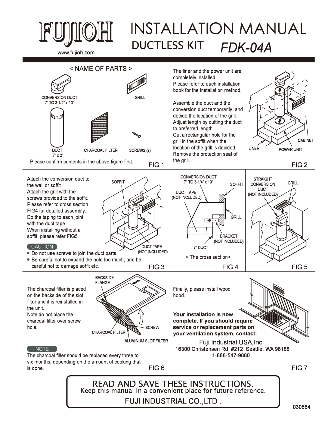 Fujioh FDK-04A installation manual Installation Manual, Ductless Kit, Read And Save These Instructions, Name Of Parts 