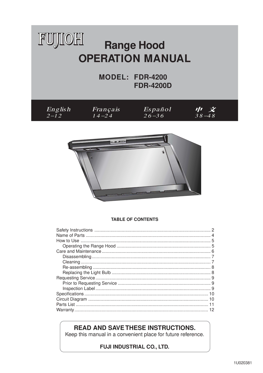 Fujioh FDR-4200D operation manual Range Hood 