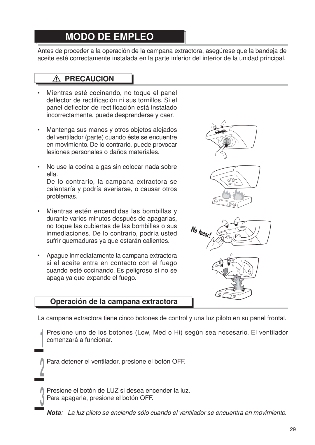 Fujioh FDR-4200D operation manual Modo DE Empleo, Operación de la campana extractora 