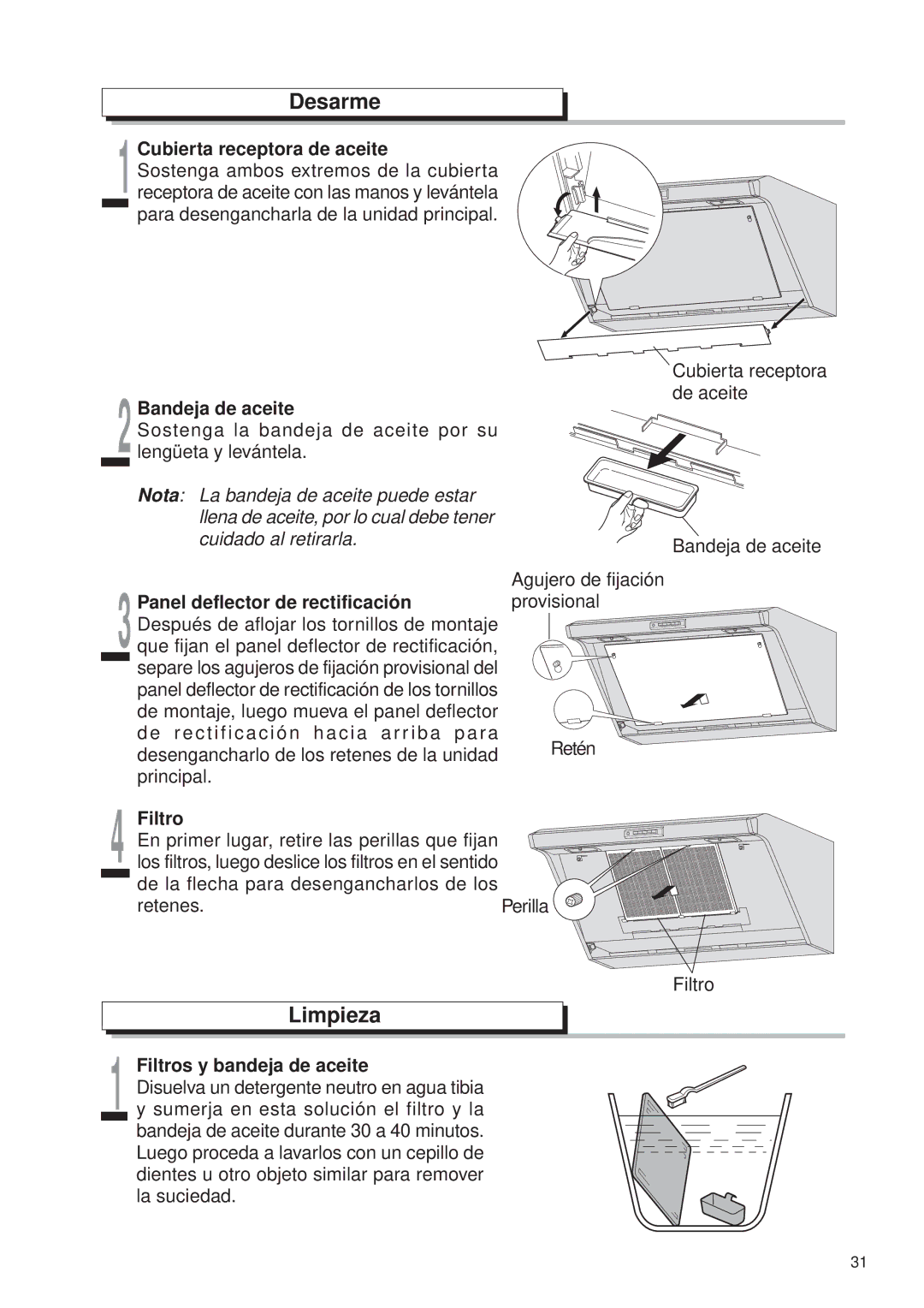 Fujioh FDR-4200D operation manual Desarme, Limpieza, 2Bandeja de aceite, Filtros y bandeja de aceite 