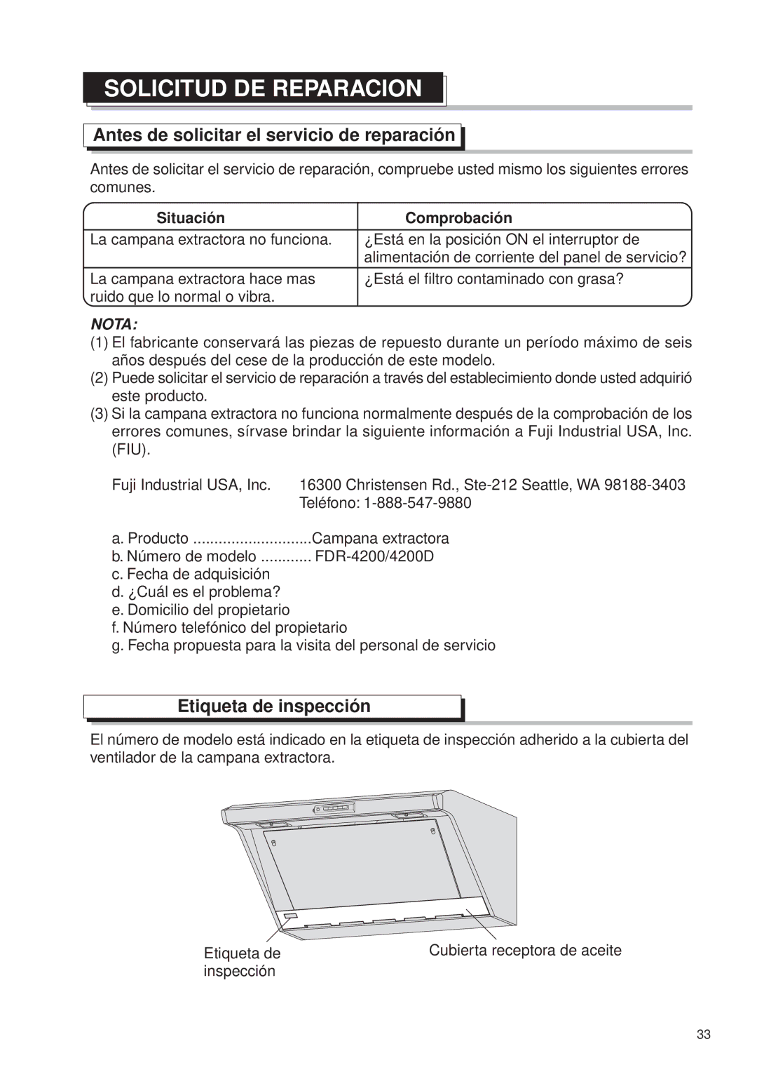 Fujioh FDR-4200D Solicitud DE Reparacion, Antes de solicitar el servicio de reparación, Etiqueta de inspección 