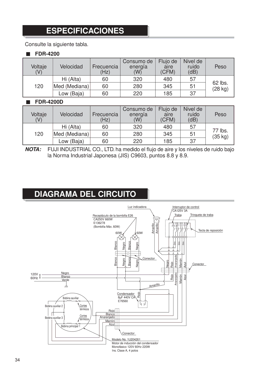 Fujioh FDR-4200D operation manual Especificaciones, Diagrama DEL Circuito 