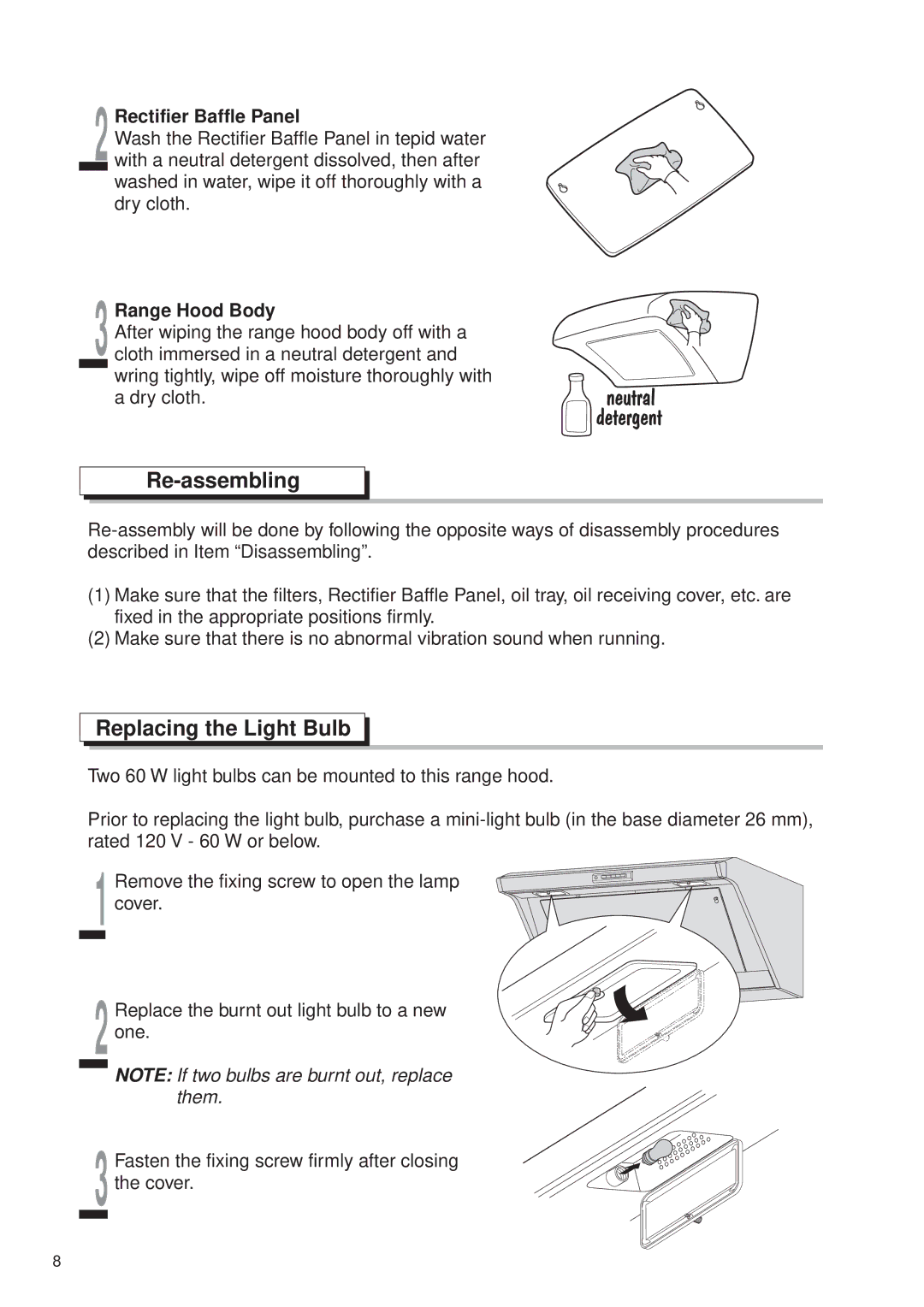 Fujioh FDR-4200D operation manual Re-assembling, Replacing the Light Bulb, 2Rectifier Baffle Panel, 3Range Hood Body 