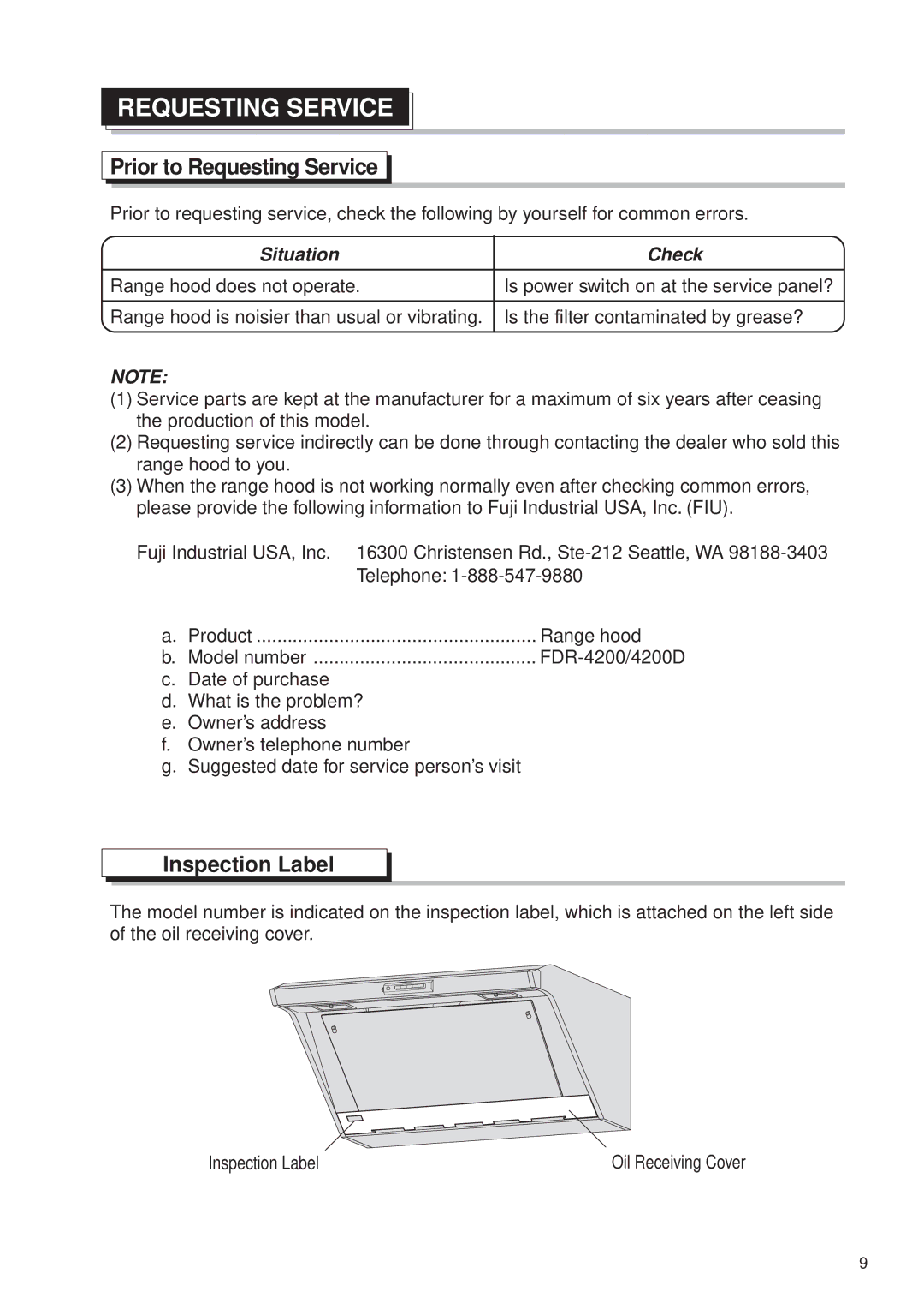 Fujioh FDR-4200D operation manual Prior to Requesting Service, Inspection Label 