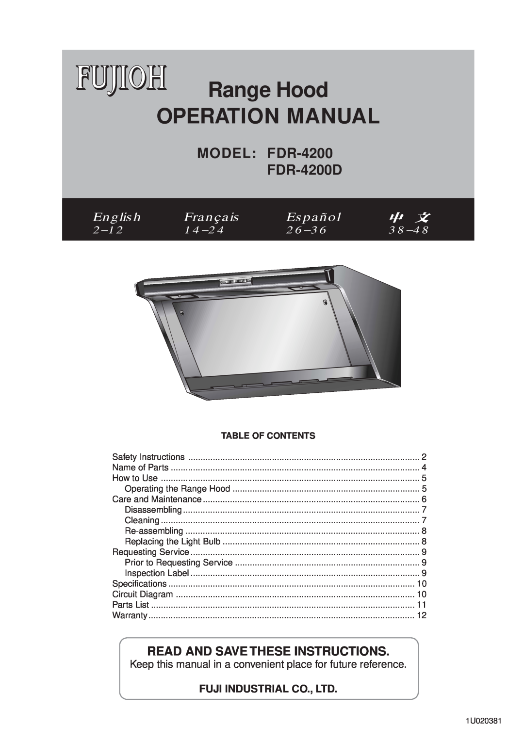 Fujioh operation manual MODEL FDR-4200 FDR-4200D, Read And Save These Instructions, English, Français, Español, 2 −12 